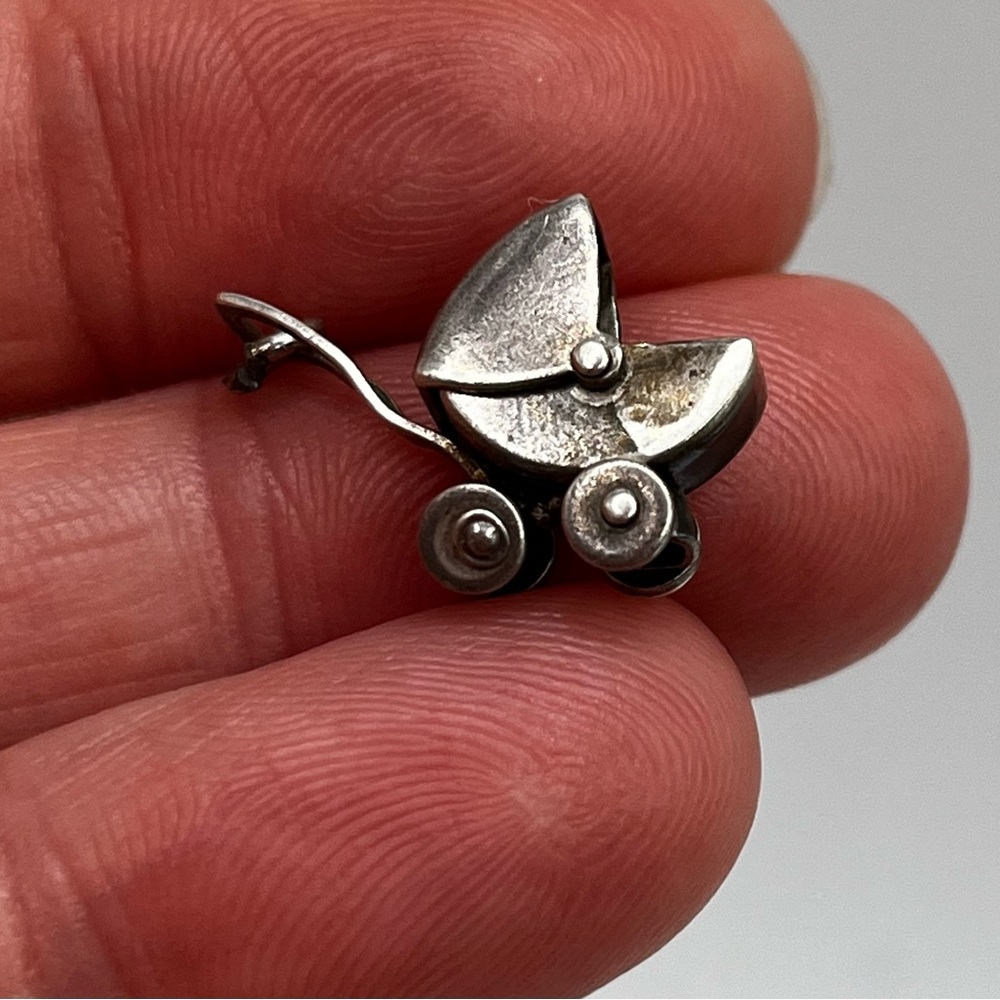 Vintage sterling silver baby carriage stroller charm pendant moving parts